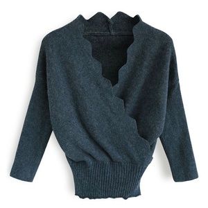 Wavy Wrap Knit Top in Teal